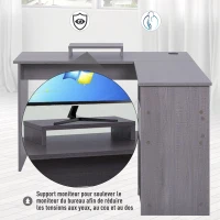 HOMCOM Bureau d'angle pour ordinateur table informatique 140L x 120l x 75H cm 3 niches 1 tiroir panneaux particules gris(m-6)