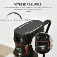 HOMCOM Mixeur Plongeant Multifonction 3 en 1 Vitesse réglable turbo1000 W - mélangeur à Main, hâchoir, Batteur - Acier INOX. ABS Noir(m-5)