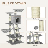 PawHut Arbre à chats multi-équipements griffoirs grattoirs niche plateformes + échelle + hamacs + boule suspendue gris(m-5)