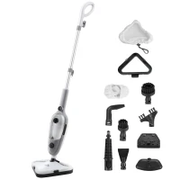 HOMCOM Balai vapeur nettoyeur vapeur à main puissance 1300 W 450 ml adapté à toutes les surfaces et les tapis 11 accessoires inclus 99,9% des bactéries et germes tués sans produit chimique blanc gris(m-1)