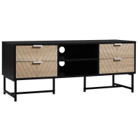 HOMCOM Meuble TV Banc TV Style Graphique - 4 tiroirs, 2 niches, 2 Passe-Fils - piètement métal Panneaux Particules Aspect Bois de chêne sculpté à Chevrons Noir(m-11)