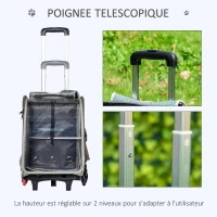 PawHut 2 en 1 trolley chariot sac à dos sac de transport à roulettes pour chat chariot panier à roulette porte transparente longueur de tige de traction réglable 34 x 30 x 54 cm gris(m-5)