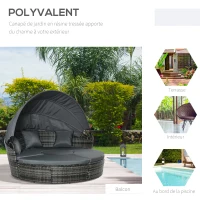 Outsunny Bain de soleil chaise longue salon de jardin exterieur modulable en résine tressée avec pare soleil pliable 5 coussins 3 oreillers 175l x 180P x 147H cm gris(m-7)