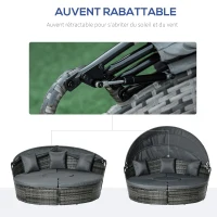 Outsunny Bain de soleil chaise longue salon de jardin exterieur modulable en résine tressée avec pare soleil pliable 5 coussins 3 oreillers 175l x 180P x 147H cm gris(m-6)