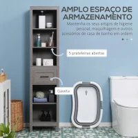 kleankin Coluna Casa de Banho com 1 Gaveta e Prateleiras Abertas Móvel Auxiliar de Armazenamento Anti-Tombo 42x30x170cm Cinza(m-5)