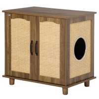 PawHut Katzenschrank für Katzentoilette Katzenklo Katzenhaus mit Magnettüren Katzenkommode Schrank PE-Rattan Walnuss 70 x 48 x 68 cm(m-1)