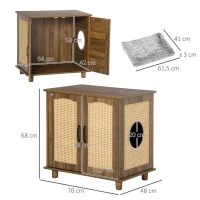 PawHut Katzenschrank für Katzentoilette Katzenklo Katzenhaus mit Magnettüren Katzenkommode Schrank PE-Rattan Walnuss 70 x 48 x 68 cm(m-3)