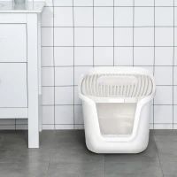 PawHut Caixa de areia para gatos com porta dupla Caixa desodorizante de carvão ativado Pá Equipada Amplo espaço 55,5x44,5x38,3 cm cinza branco(m-2)