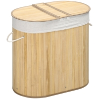 HOMCOM Bamboo Laundry Basket with Lid, 100 Litres Laundry Hamper with 2 Sections, 62.5 x 37 x 60.5cm, Natural