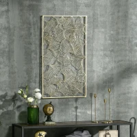 HOMCOM Decor de perete metalic 3D, decoratiune de perete aurie cu cadru dreptunghiular si frunze de ginkgo, 50 x 85 cm(m-2)