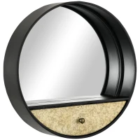 HOMCOM Oglinda de perete rotunda Ø61cm, oglinda decorativa cu sertar si cadru din metal si MDF, negru(m-11)