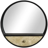 HOMCOM Oglinda de perete rotunda Ø61cm, oglinda decorativa cu sertar si cadru din metal si MDF, negru(m-1)