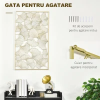 HOMCOM Decor de perete metalic 3D, decoratiune de perete aurie cu cadru dreptunghiular si frunze de ginkgo, 50 x 85 cm(m-5)