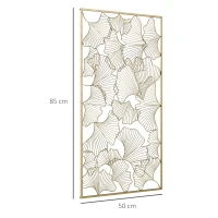 HOMCOM Decor de perete metalic 3D, decoratiune de perete aurie cu cadru dreptunghiular si frunze de ginkgo, 50 x 85 cm(m-3)