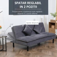 HOMCOM Canapea extensibila cu 3 locuri cu spatar reglabil pe 2 niveluri si scaun tapitat, efect de catifea gri(m-5)