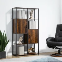 HOMCOM Biblioteca in stil industrial modern cu 4 rafturi si 2 dulapuri, rafturi din metal si lemn pentru casa si birou, 90x30x159,5 cm, negru si maro(m-10)