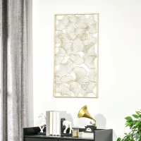 HOMCOM Decor de perete metalic 3D, decoratiune de perete aurie cu cadru dreptunghiular si frunze de ginkgo, 50 x 85 cm(m-10)