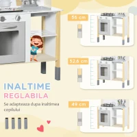 AIYAPLAY Jucarie de bucatarie pentru copii cu inaltime reglabila, efecte sonore, lumini si ustensile, din MDF si PP, 60x30,5x93,2 cm, gri si alb(m-7)