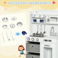 HOMCOM Bucatarie pentru copii 3-6 ani cu lumini realiste si accesorii, MDF si PP, 60,1x31,7x92,9 cm, alb(m-5)