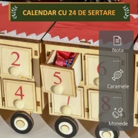 HOMCOM Calendar de Craciun in forma de tren cu Mos Craciun si lumina LED inclusa, din placaj, 40x8x11 cm, lemn si rosu(m-5)