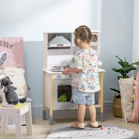 AIYAPLAY Jucarie de bucatarie pentru copii cu inaltime reglabila, efecte sonore, lumini si ustensile, din MDF si PP, 60x30,5x93,2 cm, gri si alb(m-2)