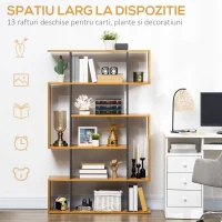 HOMCOM Biblioteca moderna cu 5 nivele si  13 rafturi deschise si design esalonat, din PAL, 95x25x150,5 cm, culoare gri si lemn(m-5)