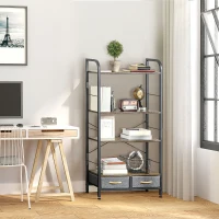 HOMCOM Mobilier biblioteca cu 4 rafturi si 2 sertare pentru sufragerie, birou si dormitor, din PAL, otel si tesatura cu efect de in, 64x27,5x121 cm(m-2)