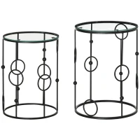 HOMCOM Set de 2 masute de cafea stivuibile din metal si sticla securizata Ø41x57cm si Ø36x51cm, negru(m-1)