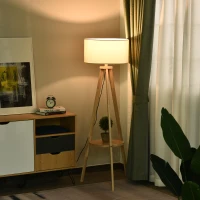 HOMCOM lampa podłogowa, lampa stojąca, lampa podłogowa z dodatkową półką, drewno sosnowe + stal + poliester, 54 x 54 x 154 cm (naturalny + kremowy)(m-2)