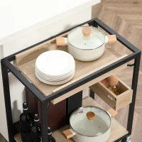 HOMCOM Carrito de Cocina con Ruedas Carro de Servicio con 2 Estantes Caja de Almacenaje y Botellero 64x38x73 cm Roble(m-7)