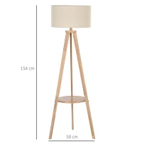 HOMCOM lampa podłogowa, lampa stojąca, lampa podłogowa z dodatkową półką, drewno sosnowe + stal + poliester, 54 x 54 x 154 cm (naturalny + kremowy)(m-3)
