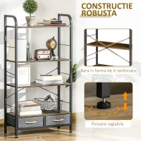 HOMCOM Mobilier biblioteca cu 4 rafturi si 2 sertare pentru sufragerie, birou si dormitor, din PAL, otel si tesatura cu efect de in, 64x27,5x121 cm(m-5)