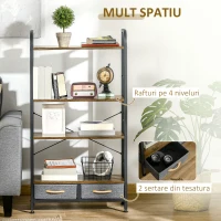 HOMCOM Mobilier biblioteca cu 4 rafturi si 2 sertare pentru sufragerie, birou si dormitor, din PAL, otel si tesatura cu efect de in, 64x27,5x121 cm(m-4)
