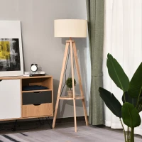 HOMCOM lampa podłogowa, lampa stojąca, lampa podłogowa z dodatkową półką, drewno sosnowe + stal + poliester, 54 x 54 x 154 cm (naturalny + kremowy)(m-10)
