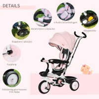 HOMCOM 2 in 1 Kinderdreirad Jogger mit Lenksystem Stange Korb Sonnendach für 1-5 Jahre Samt-Touch Rosa 100 x 48 x 106 cm(m-4)