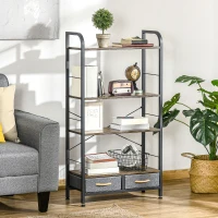 HOMCOM Mobilier biblioteca cu 4 rafturi si 2 sertare pentru sufragerie, birou si dormitor, din PAL, otel si tesatura cu efect de in, 64x27,5x121 cm(m-8)