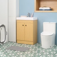 Kleankin Dulap de baie sub lavoar din PAL cu rafturi reglabile si chiuveta curbata din piatra artificiala, 60x41,5x88 cm, culoare alb si lemn(m-2)