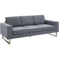 HOMCOM Canapea in 3 Locuri cu Perne in Tesatura de Lin Gri inchis, 200x82x78cm(m-12)