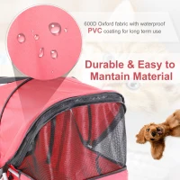 PawHut Pet Travel Stroller Cat Dog Pushchair Trolley Puppy Jogger Foldable Carrier Zipper Entry Three Wheels (Red)(m-6)