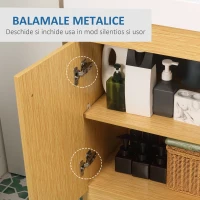 Kleankin Dulap de baie sub lavoar din PAL cu rafturi reglabile si chiuveta curbata din piatra artificiala, 60x41,5x88 cm, culoare alb si lemn(m-7)