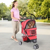 PawHut Pet Travel Stroller Cat Dog Pushchair Trolley Puppy Jogger Foldable Carrier Zipper Entry Three Wheels (Red)(m-2)