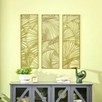 HOMCOM Decor de perete din metal , 3 piese, frunze aurii, 30 x 90 cm(m-9)