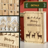 HOMCOM Calendar de Advent de Craciun in forma de carte cu decoratiuni tematice, 22x7x32 cm, din placaj, culoare alb si lemn(m-5)