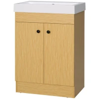 Kleankin Dulap de baie sub lavoar din PAL cu rafturi reglabile si chiuveta curbata din piatra artificiala, 60x41,5x88 cm, culoare alb si lemn(m-11)