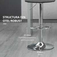 HOMCOM Set de 2 scaune de bar din piele cu spatar, scaune pivotante pentru bucatarie si sufragerie cu suport pentru picioare, 42x45x89-110cm, gri(m-7)