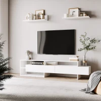 HOMCOM Móvel de TV para Sala de Estar Móvel para Televisor 180x33,5x42cm e 2 Prateleiras de Parede 65x20x20cm Branco(m-2)
