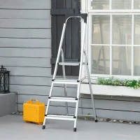 DURHAND Escada Dobrável de Alumínio com Bandeja Magnética Escada de 4 Degraus com Base Antiderrapante 44x89x143cm Prata(m-10)