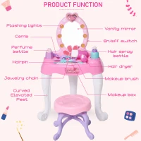 HOMCOM Kids Vanity Table Chair Set with Mirror Lights Sounds, Beauty Makeup Dressing Table Pretend Play Set for Girls 3+ Years Old(m-4)