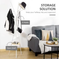 HOMCOM Freestanding Metal Coat Rack Stand 9 Hooks Clothes Tree with 1 Shelf Hat Display Hall Tree Hanger Bag Umbrella Hanging Organiser White(m-4)