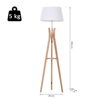 HOMCOM Natural Wooden Tripod Floor Lamp Light E27 with Base and Fabric Shade, Storage Shelf, Foot Switch, 156cm, for Bedroom Living Room, White(m-3)